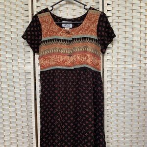 Bohemian Hawaiian Black and Orange Patterned Midi Dress